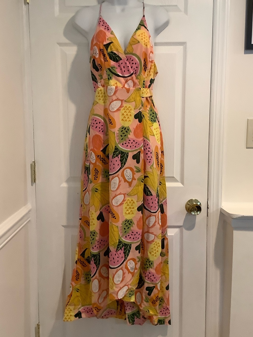HUTCH ANTHROPOLOGIE Pink Floral/Fruit Cottagecore Resortwear Wrap Maxi Dress M